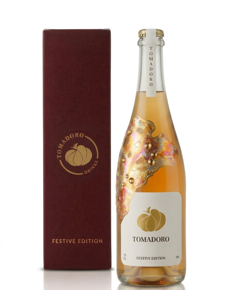 Tomadoro Festive Edition 75 cl, a non-alcoholic tomato-based drink in a bottle hand-painted with gold leaf and Swarovski crystals by artist Mart Krijger, next to its burgundy gift box with gold logo