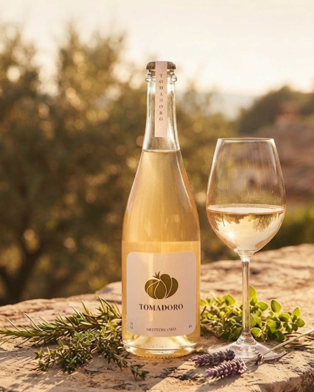 Bottle and glass of Tomadoro Mediterraneo, an alcohol-free tomato aperitif, served outdoors with fresh rosemary, oregano, and lavender at golden hour