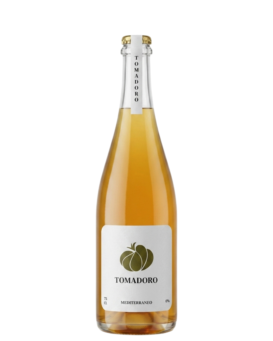 Bottle of Tomadoro Mediterraneo 75 cl, a non-alcoholic tomato-based drink and gastronomic alcohol-free alternative with 0% alcohol, white label with green tomato logo