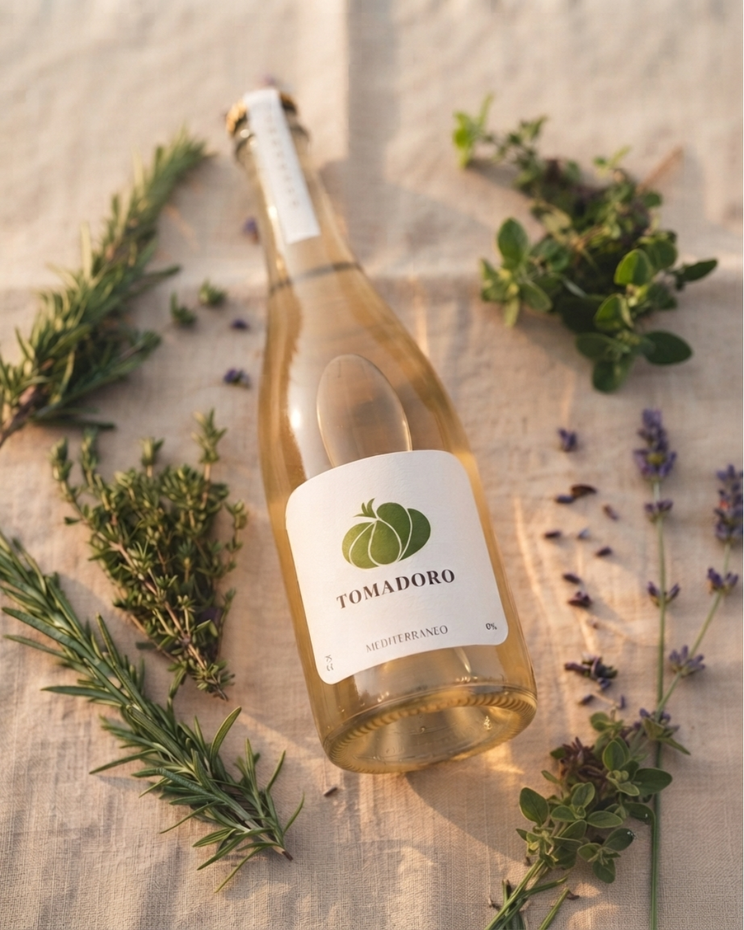 Bottle of Tomadoro Mediterraneo lying on linen, surrounded by fresh rosemary, thyme, oregano, and lavender